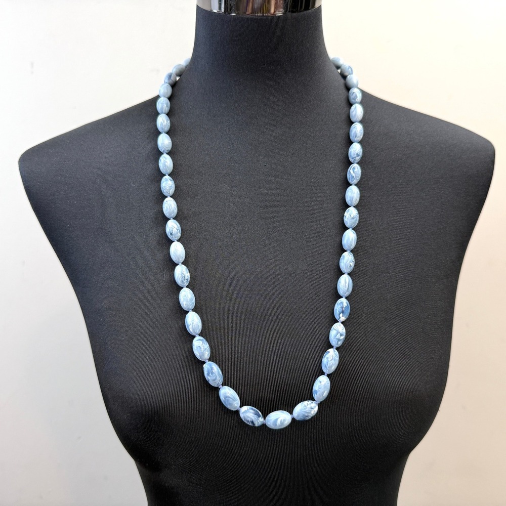 Long Acrylic Beaded Necklace Blue Marbled Fashion Custom Jewelry 15 in L